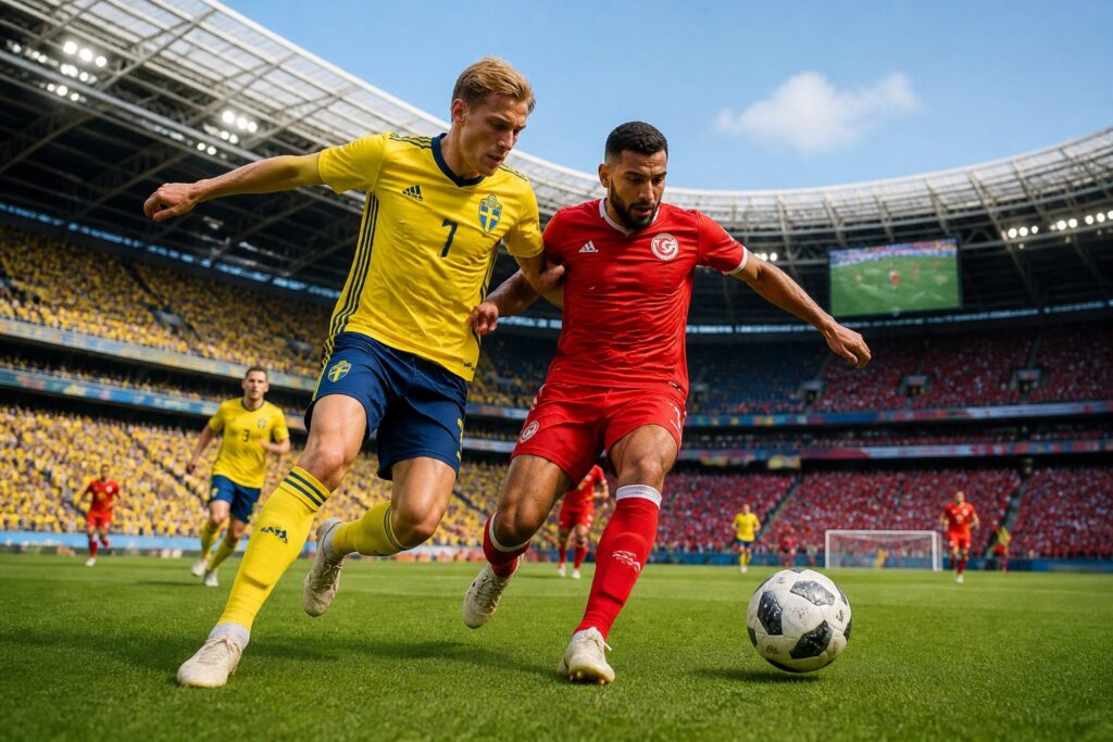 İsveç ve Tunus futbolcuları, Dünya Kupası maçında top için mücadele ediyor.