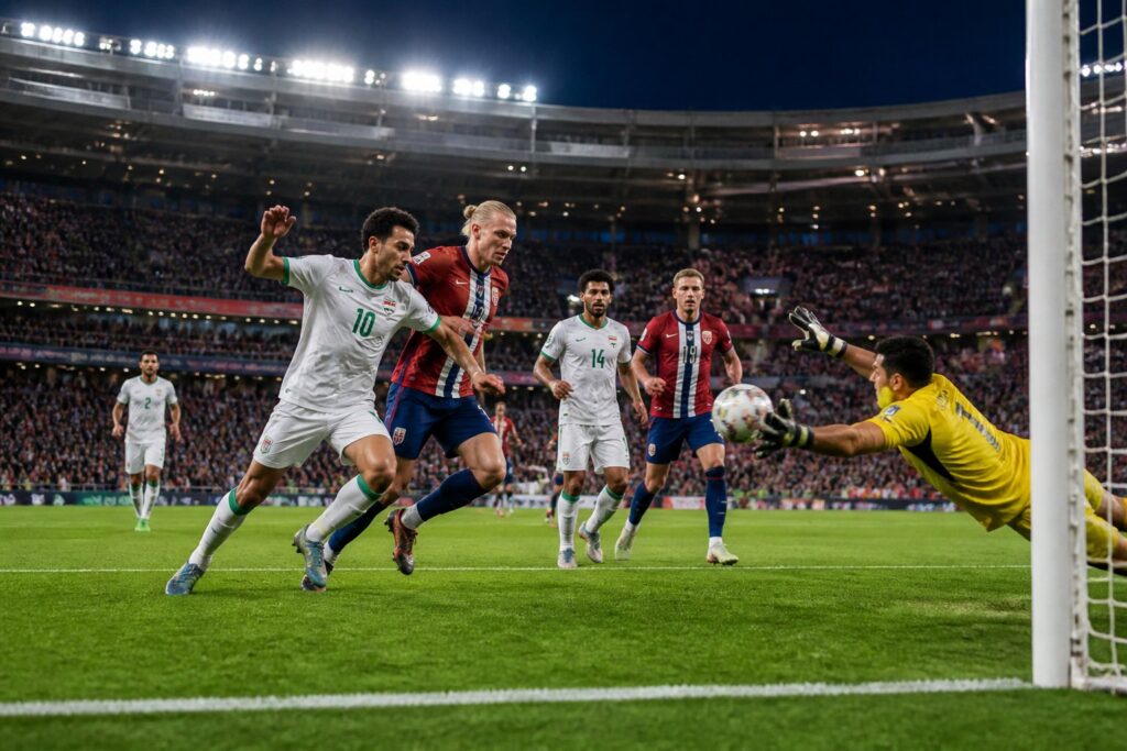 Irak ve Norveç milli takımları arasında Dünya Kupası maçında futbolcuların sahada mücadele ettiği, kalecinin topu kurtarmaya çalıştığı bir futbol maçı sahnesi.
