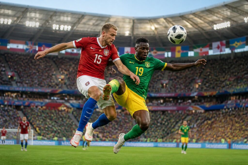 Çek Cumhuriyeti ve Güney Afrika takımlarının futbolcuları, kalabalık bir stadyumda Dünya Kupası maçında top için mücadele ediyor.