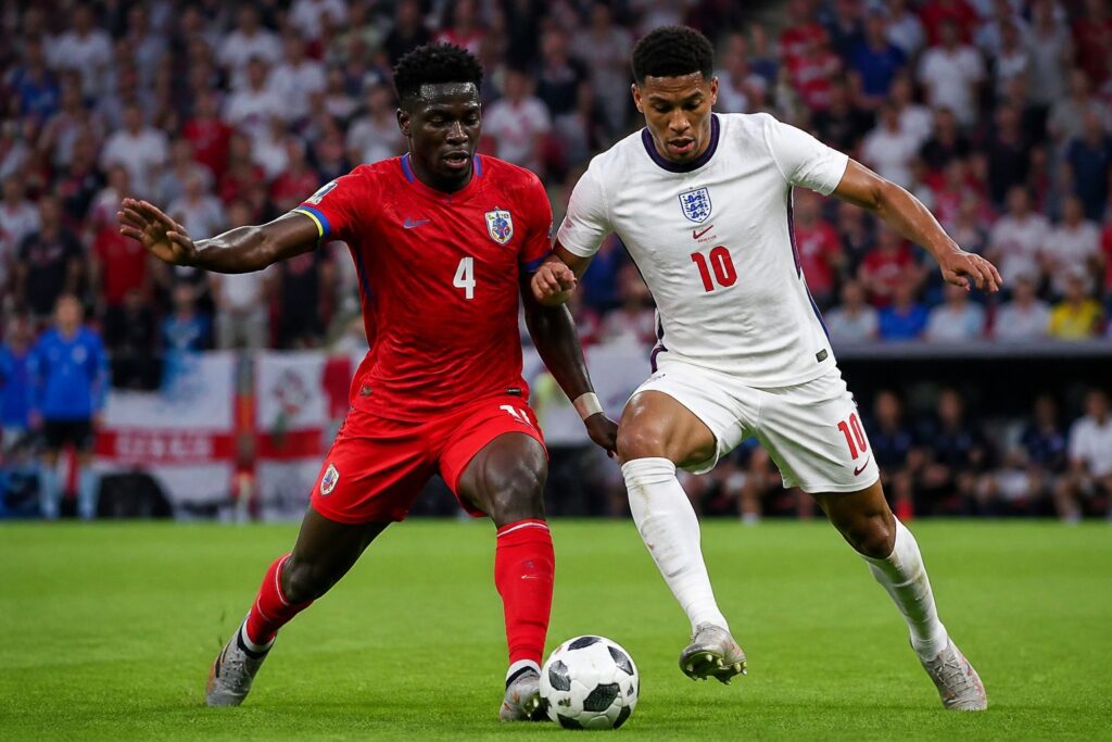 Panama ve İngiltere futbol takımları arasında Dünya Kupası maçında oyuncular top için mücadele ediyor.