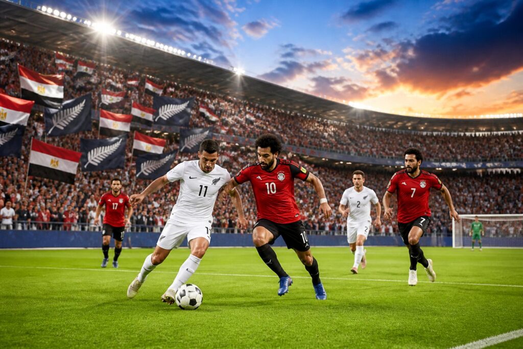 Yeni Zelanda ve Mısır takımlarının maç yaptığı, dolu bir stadyumda futbol oynanan bir sahne.